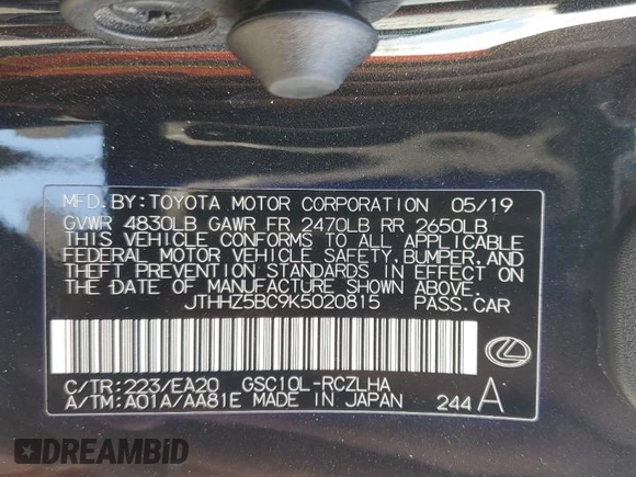 2019 Lexus RC 350 z VIN JTHHZ5BC9K5020815, wystawiony jako Copart lot #45896725 z przebiegiem 67 900 mil mil oraz Szkoda całkowita • Salvage title. Historia ofert i sprzedaży dostępna na DreamBid. Obrazek 14.