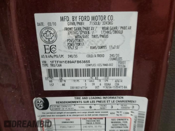 2010 Ford F-150 XL with VIN 1FTFW1E89AFB63855, listed as a Copart auction lot 52537905 with 205,761 mi miles and Clean title. Bid and sale history available at DreamBid. Image 12.
