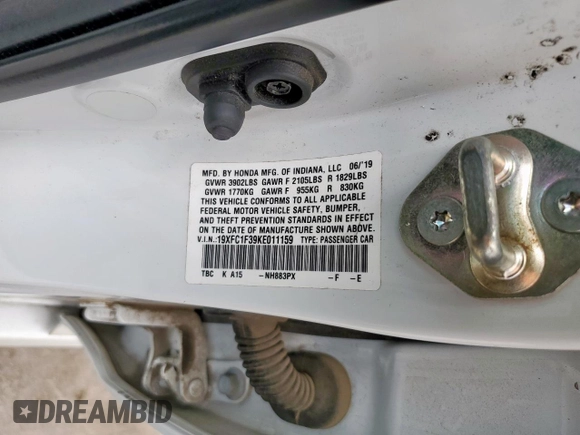 2019 Honda Civic EX z VIN 19XFC1F39KE011159, wystawiony jako Copart lot #58637645 z przebiegiem 42 939 mil mil oraz Szkoda całkowita • Salvage title. Historia ofert i sprzedaży dostępna na DreamBid. Obrazek 12.
