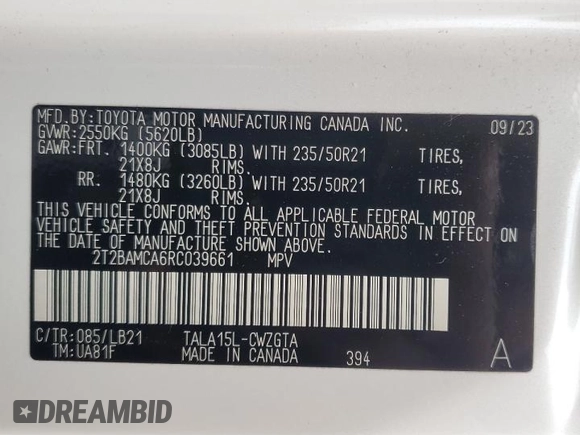 2024 Lexus RX 350 with VIN 2T2BAMCA6RC039661, listed as a Copart auction lot 59157545 with 16,311 mi miles and Salvage title. Bid and sale history available at DreamBid. Image 13.