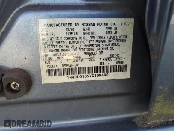 2000 Nissan Altima XE z VIN 1N4DL01D5YC199492, wystawiony jako Copart lot #79334024 z przebiegiem 97 300 mil mil oraz Nie do naprawy • Non repairable. Historia ofert i sprzedaży dostępna na DreamBid. Obrazek 14.