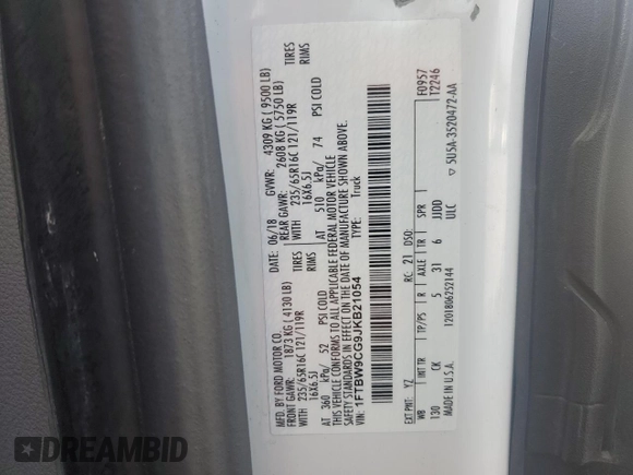 2018 Ford Transit with VIN 1FTBW9CG9JKB21054, listed as a Copart auction lot 46282795 with 134,851 mi miles and Clean Title. Bid and sale history available at carsss.com. Image 13.