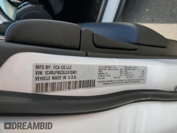 2020 Jeep Grand Cherokee Limited with VIN 1C4RJFBG3LC415981, listed as a Copart auction lot 54116805 with 43,592 mi miles and Salvage title. Bid and sale history available at DreamBid. Image 13.