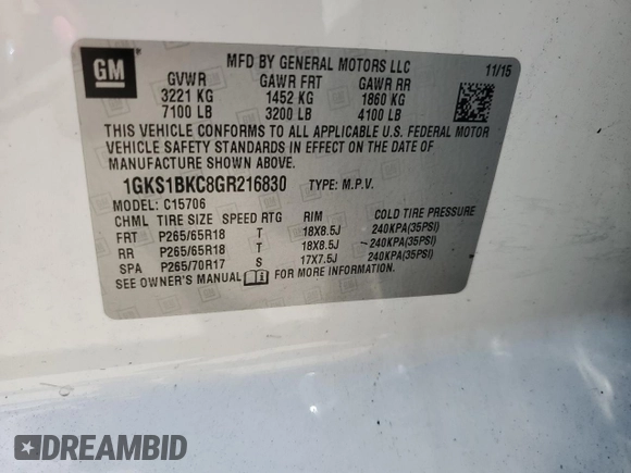 2016 GMC Yukon SLT with VIN 1GKS1BKC8GR216830, listed as a Copart auction lot 62146014 with 0 mi miles and Salvage Title. Bid and sale history available at carsss.com. Image 13.