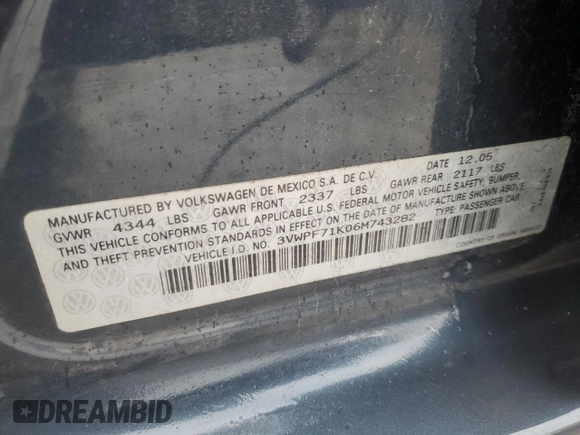2006 Volkswagen Jetta Sedan Value Edition with VIN 3VWPF71K06M743282, listed as a Copart auction lot 72417184 with 165,927 mi miles and Salvage Title. Bid and sale history available at carsss.com. Image 12.