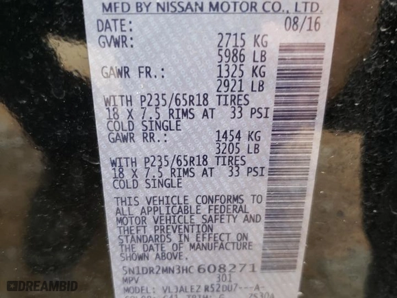 2017 Nissan Pathfinder SV with VIN 5N1DR2MN3HC608271, listed as a Copart auction lot 44179875 with 121,326 mi miles and Salvage Title. Bid and sale history available at carsss.com. Image 15.