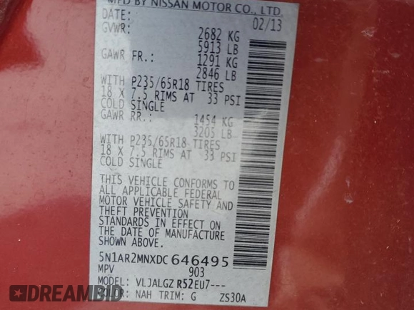 2013 Nissan Pathfinder S с VIN 5N1AR2MNXDC646495, выставлен на аукционе Copart как лот 66859175 с пробегом 123 024 миль миль и Чистый • Clean title. История ставок и продаж доступна на DreamBid. Изображение 13.