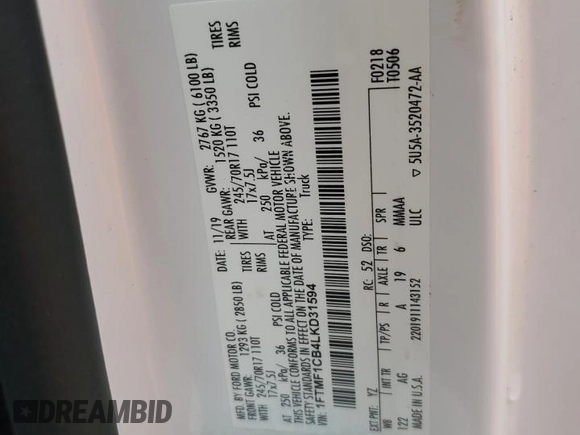 2020 Ford F-150 XL with VIN 1FTMF1CB4LKD31594, listed as a Copart auction lot 42820805 with Not Provided miles and Salvage Title. Bid and sale history available at carsss.com. Image 13.