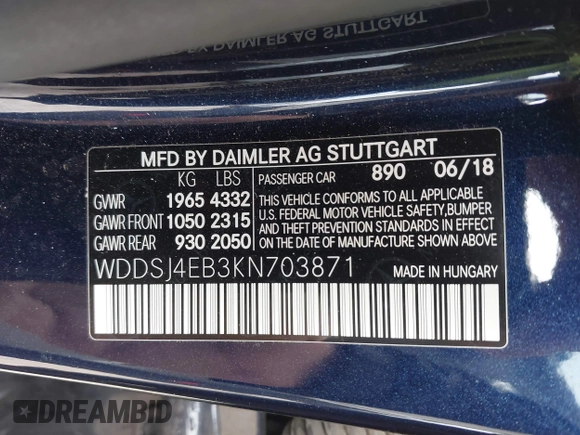 2019 Mercedes-Benz CLA 250 with VIN WDDSJ4EB3KN703871, listed as a IAAI auction lot 41923647 with 79,542 mi miles and . Bid and sale history available at DreamBid. Image 9.