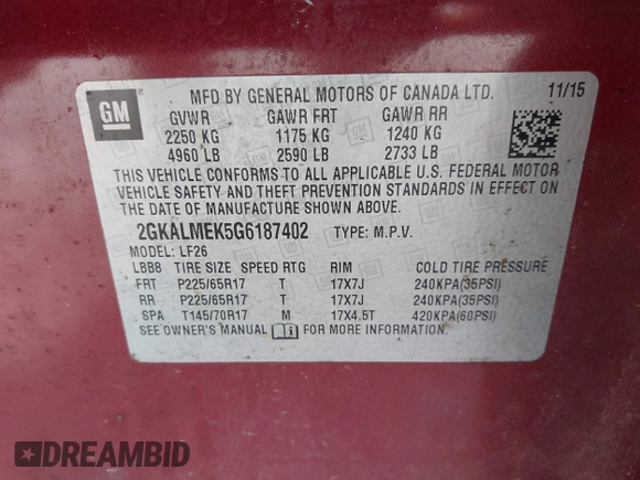 2016 GMC Terrain SLE with VIN 2GKALMEK5G6187402, listed as a IAAI auction lot 42078603 with 171,408 mi miles. Bid and sale history available at carsss.com. Image 9.