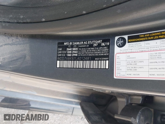 2020 Mercedes-Benz AMG GT 63 S with VIN WDD7X8KB7LA012481, listed as a IAAI auction lot 40449311 with Not provided miles and . Bid and sale history available at DreamBid. Image 9.