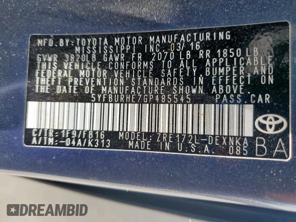 2016 Toyota Corolla L z VIN 5YFBURHE7GP485545, wystawiony jako Copart lot #58166915 z przebiegiem 102 557 mil mil oraz Szkoda całkowita • Salvage title. Historia ofert i sprzedaży dostępna na DreamBid. Obrazek 12.