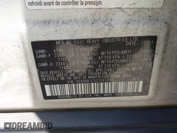 2012 Subaru Outback Limited with VIN 4S4BRBJC5C3243434, listed as a IAAI auction lot 42498321 with 142,843 mi miles and . Bid and sale history available at DreamBid. Image 9.