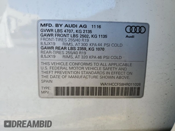 2017 Audi Q3 Premium Plus with VIN WA1HCCFS8HR011026, listed as a Copart auction lot 88106125 with 86,257 mi miles and Salvage title. Bid and sale history available at DreamBid. Image 16.