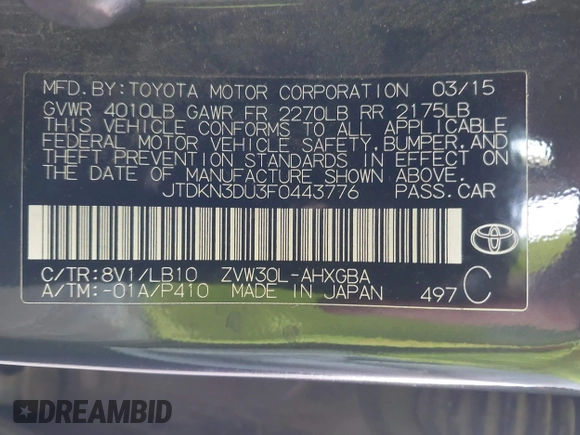 2015 Toyota Prius Four z VIN JTDKN3DU3F0443776, wystawiony jako IAAI lot #41349500 z przebiegiem 244 170 mil mil oraz . Historia ofert i sprzedaży dostępna na DreamBid. Obrazek 9.