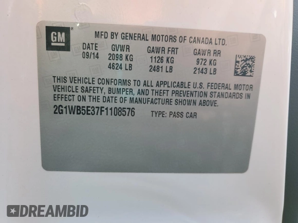 2015 Chevrolet Impala LT with VIN 2G1WB5E37F1108576, listed as a Copart auction lot 82569794 with 118,713 mi miles and Clean Title. Bid and sale history available at DreamBid. Image 12.