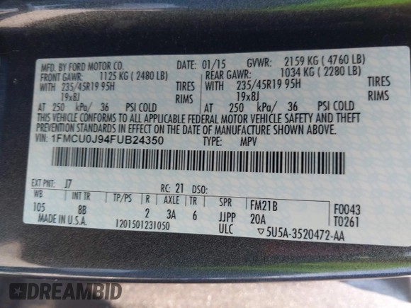2015 Ford Escape Titanium with VIN 1FMCU0J94FUB24350, listed as a IAAI auction lot 42065641 with 168,215 mi miles. Bid and sale history available at carsss.com. Image 9.