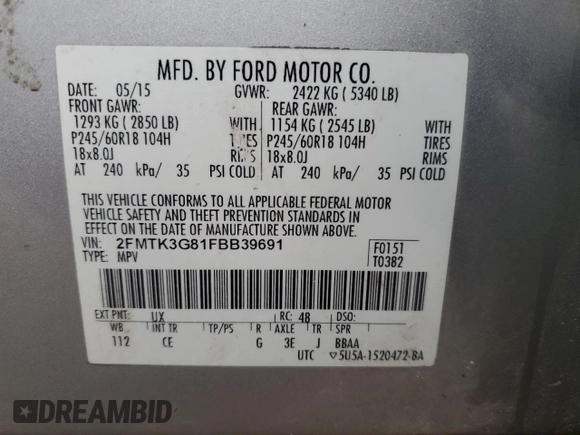 2015 Ford Edge SE with VIN 2FMTK3G81FBB39691, listed as a Copart auction lot 58845255 with 172,063 mi miles and Clean title. Bid and sale history available at DreamBid. Image 14.