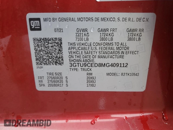 2021 GMC Sierra 1500 Elevation with VIN 3GTU9CED8MG409112, listed as a Copart auction lot 84196104 with 33,285 mi miles and Salvage Title. Bid and sale history available at DreamBid. Image 12.