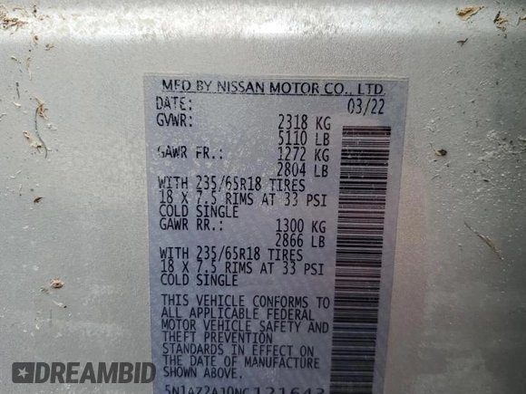 2022 Nissan Murano S with VIN 5N1AZ2AJ0NC121643, listed as a Copart auction lot 79920134 with Not Provided miles and Non Repairable. Bid and sale history available at DreamBid. Image 14.