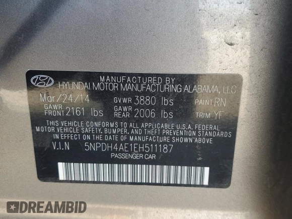 2014 Hyundai Elantra SE with VIN 5NPDH4AE1EH511187, listed as a Copart auction lot 55486415 with 121,124 mi miles and Salvage Title. Bid and sale history available at DreamBid. Image 12.
