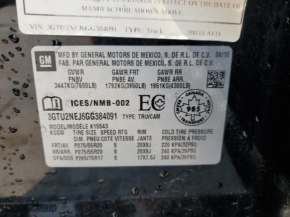 2016 GMC Sierra 1500 SLT with VIN 3GTU2NEJ6GG384091, listed as a Copart auction lot 70389814 with 99,871 mi miles and Salvage Title. Bid and sale history available at carsss.com. Image 12.