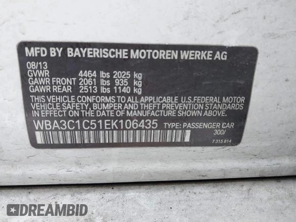 2014 BMW 3 Series 328i with VIN WBA3C1C51EK106435, listed as a IAAI auction lot 41202983 with 142,135 mi miles. Bid and sale history available at carsss.com. Image 9.
