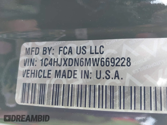 2021 Jeep Wrangler Unlimited Sport S with VIN 1C4HJXDN6MW669228, listed as a IAAI auction lot 42301326 with 64,503 mi miles and . Bid and sale history available at DreamBid. Image 9.