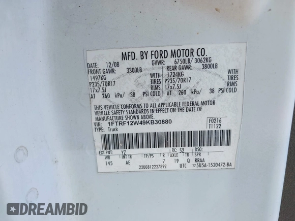 2009 Ford F-150 XL with VIN 1FTRF12W49KB30880, listed as a IAAI auction lot 41942171 with 164,491 mi miles and . Bid and sale history available at DreamBid. Image 9.