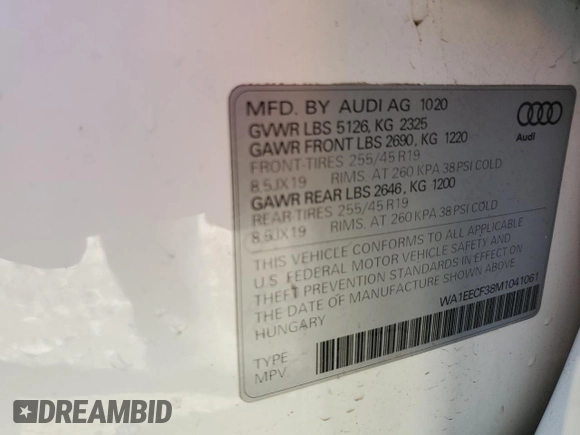 2021 Audi Q3 S line Premium Plus with VIN WA1EECF38M1041061, listed as a Copart auction lot 46298345 with 87,225 mi miles and Clean Title. Bid and sale history available at carsss.com. Image 13.