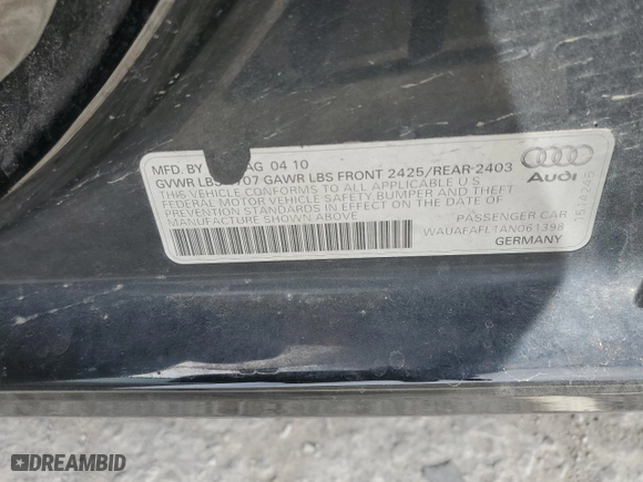 2010 Audi A4 2.0T Premium with VIN WAUAFAFL1AN061398, listed as a Copart auction lot 49517955 with 144,786 mi miles and Salvage Title. Bid and sale history available at carsss.com. Image 14.