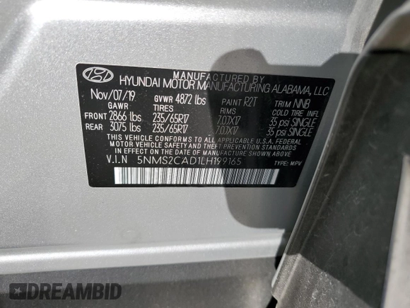 2020 Hyundai Santa Fe SE with VIN 5NMS2CAD1LH199165, listed as a Copart auction lot 54455865 with 27,688 mi miles and Salvage title. Bid and sale history available at DreamBid. Image 13.