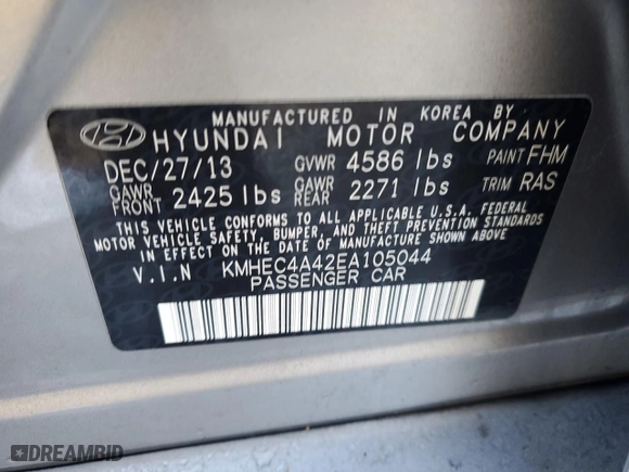 2014 Hyundai Sonata Hybrid with VIN KMHEC4A42EA105044, listed as a Copart auction lot 43902145 with 247,081 mi miles and Salvage Title. Bid and sale history available at carsss.com. Image 12.