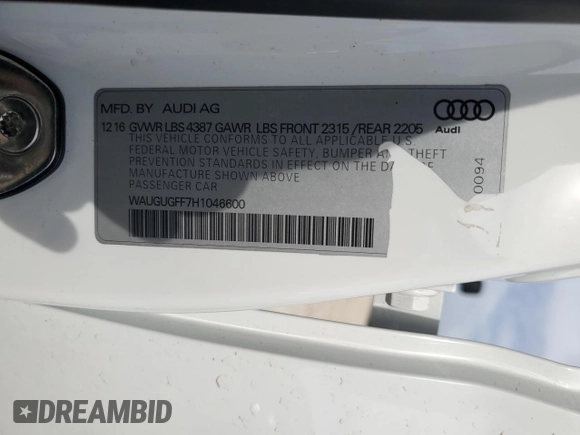 2017 Audi A3 Premium Plus with VIN WAUGUGFF7H1046600, listed as a Copart auction lot 49002005 with 74,914 mi miles and Salvage Title. Bid and sale history available at DreamBid. Image 12.