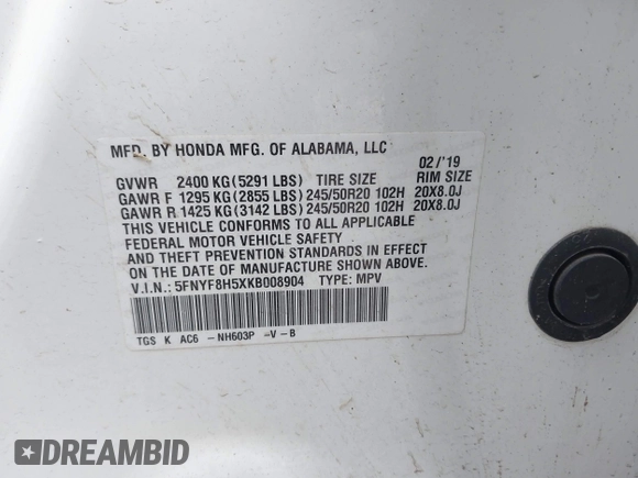 2019 Honda Passport EX-L with VIN 5FNYF8H5XKB008904, listed as a IAAI auction lot 41440706 with 57,317 mi miles and . Bid and sale history available at DreamBid. Image 9.