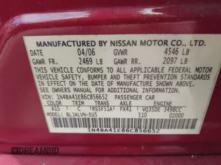 2006 Nissan Maxima 3.5 SL with VIN 1N4BA41E86C856652, listed as a IAAI auction lot 42070796 with 190,538 mi miles. Bid and sale history available at carsss.com. Image 9.