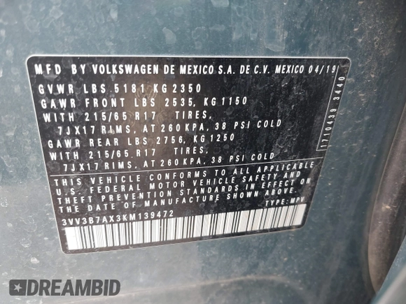 2019 Volkswagen Tiguan SE with VIN 3VV3B7AX3KM139472, listed as a IAAI auction lot 41674213 with 47,990 mi miles and . Bid and sale history available at DreamBid. Image 9.