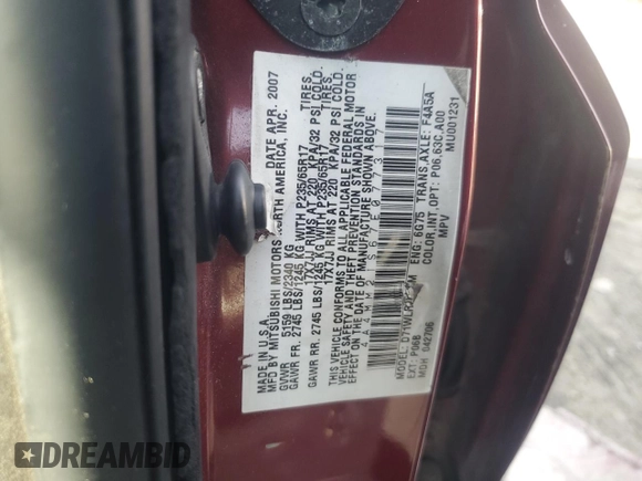 2007 Mitsubishi Endeavor LS with VIN 4A4MM21S67E077317, listed as a Copart auction lot 41746875 with 251,387 mi miles and Salvage Title. Bid and sale history available at carsss.com. Image 13.