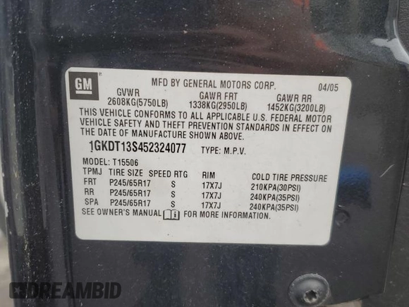 2005 GMC Envoy SLT with VIN 1GKDT13S452324077, listed as a Copart auction lot 57836195 with 299,146 mi miles and Clean title. Bid and sale history available at DreamBid. Image 13.