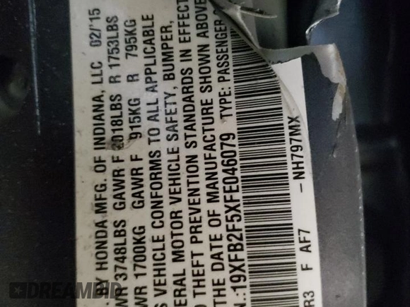 2015 Honda Civic Sedan LX with VIN 19XFB2F5XFE046079, listed as a Copart auction lot 89402115 with Not Provided miles and Non Repairable. Bid and sale history available at carsss.com. Image 12.