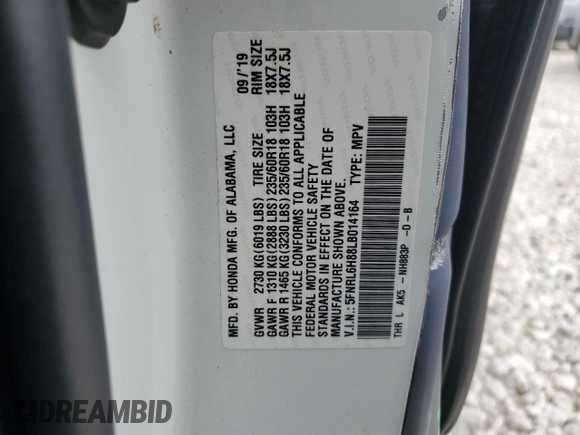 2020 Honda Odyssey Touring with VIN 5FNRL6H88LB014164, listed as a Copart auction lot 42925415 with 67,667 mi miles and Salvage title. Bid and sale history available at DreamBid. Image 14.