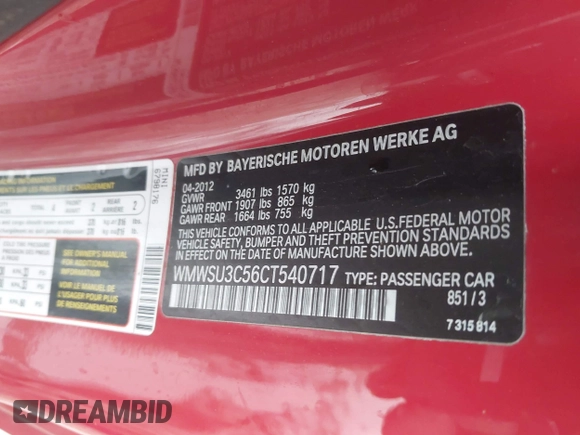 2012 MINI Hardtop with VIN WMWSU3C56CT540717, listed as a IAAI auction lot 41473583 with 103,245 mi miles and . Bid and sale history available at DreamBid. Image 9.