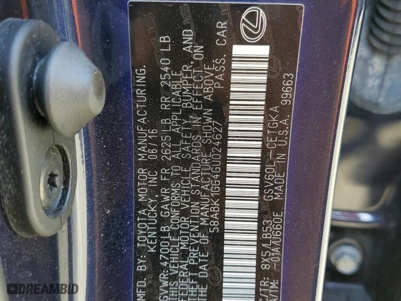 2016 Lexus ES 350 with VIN 58ABK1GG4GU024627, listed as a Copart auction lot 48995735 with 48,405 mi miles and Salvage Title. Bid and sale history available at carsss.com. Image 15.