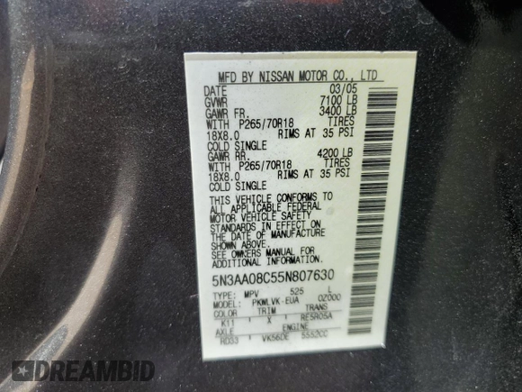 2005 Infiniti QX56 with VIN 5N3AA08C55N807630, listed as a Copart auction lot 73552184 with 165,059 mi miles and Salvage Title. Bid and sale history available at carsss.com. Image 13.