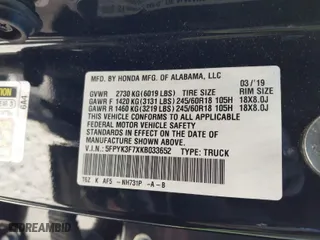 2019 Honda Ridgeline RTL-E with VIN 5FPYK3F7XKB033652, listed as a IAAI auction lot 41751421 with 96,774 mi miles. Bid and sale history available at carsss.com. Image 9.