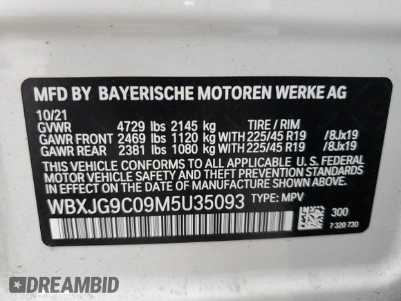 2021 BMW X1 xDrive28i with VIN WBXJG9C09M5U35093, listed as a Copart auction lot 65509155 with 46,875 mi miles and Salvage title. Bid and sale history available at DreamBid. Image 14.