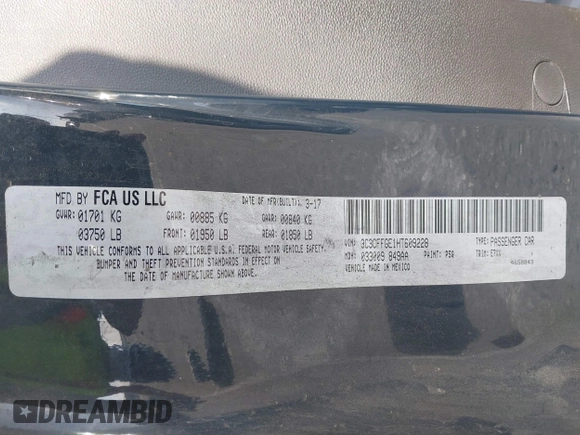 2017 FIAT 500e with VIN 3C3CFFGE1HT609228, listed as a IAAI auction lot 42102842 with 63,673 mi miles. Bid and sale history available at carsss.com. Image 9.