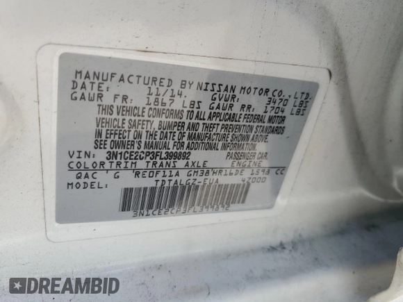 2015 Nissan Note SR z VIN 3N1CE2CP3FL399892, wystawiony jako Copart lot #72311024 z przebiegiem 80 234 mil mil oraz Szkoda całkowita • Salvage title. Historia ofert i sprzedaży dostępna na DreamBid. Obrazek 14.