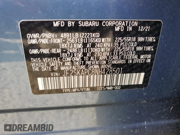 2022 Subaru Forester Limited with VIN JF2SKAPC8NH428501, listed as a Copart auction lot 65757575 with 21,463 mi miles and Salvage title. Bid and sale history available at DreamBid. Image 13.