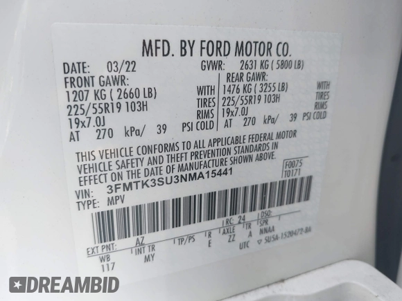 2022 Ford Mustang Mach-E Premium z VIN 3FMTK3SU3NMA15441, wystawiony jako IAAI lot #42356339 z przebiegiem 19 274 mil mil oraz . Historia ofert i sprzedaży dostępna na DreamBid. Obrazek 9.